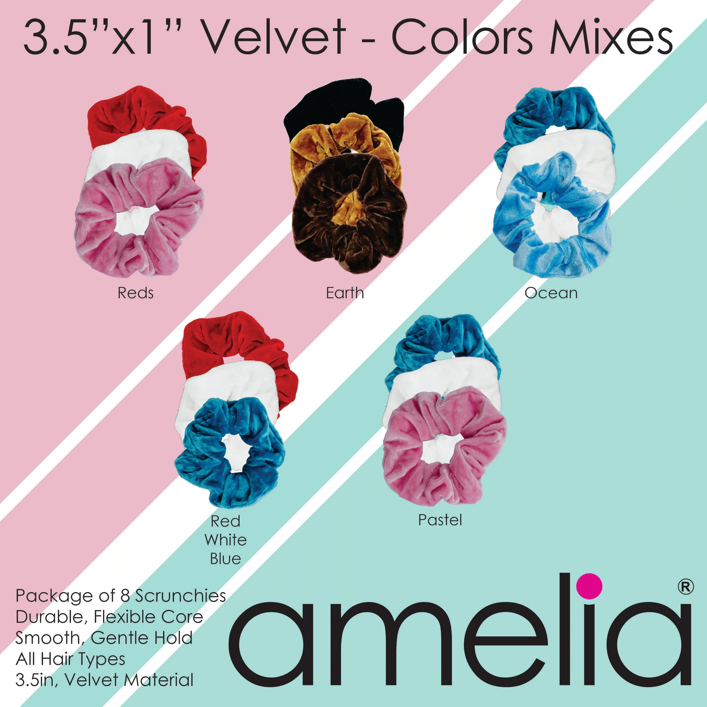Amelia Beauty, Earth Blend Velvet Scrunchies, 3.5in Diameter, Gentle on Hair, Strong Hold, No Snag, No Dents or Creases. 8 Pack