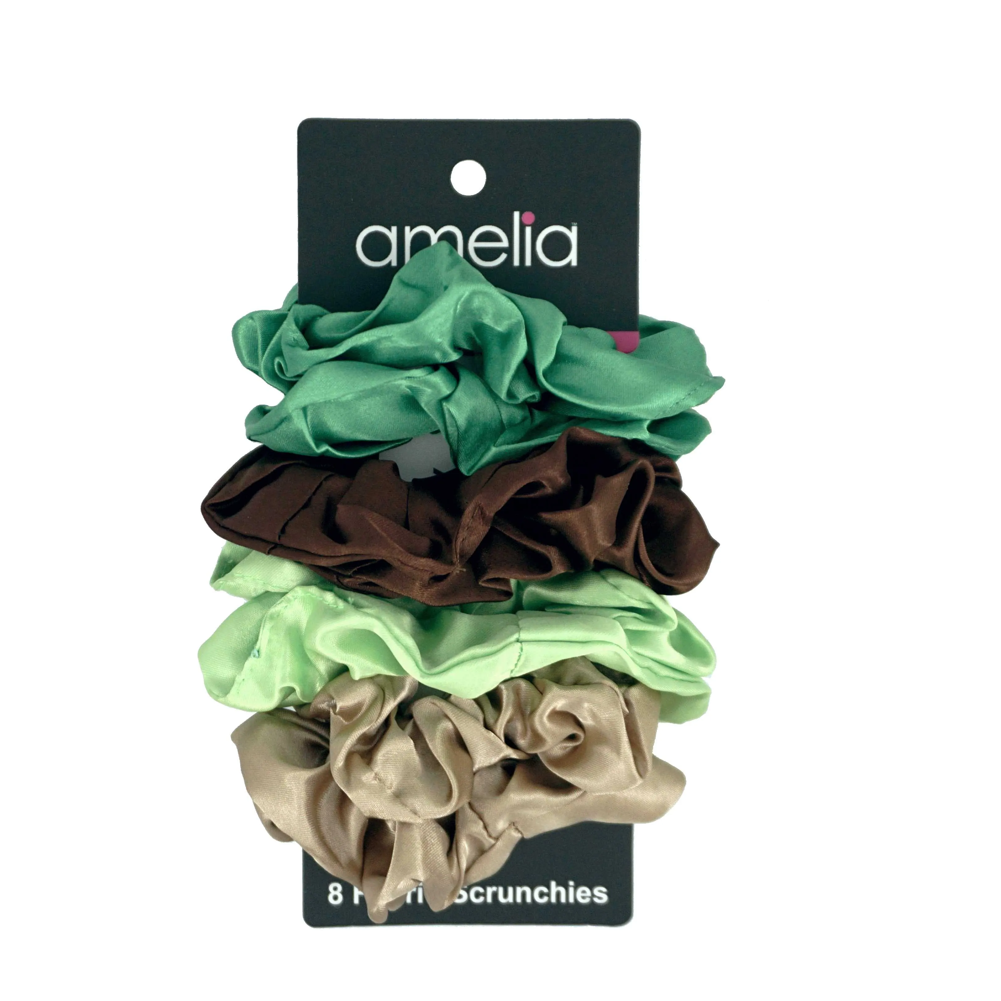 Amelia Beauty Products, Forest Blend Satin Scrunchies, 3.5in Diameter, Gentle on Hair, Strong Hold, No Snag, No Dents or Creases. 8 Pack