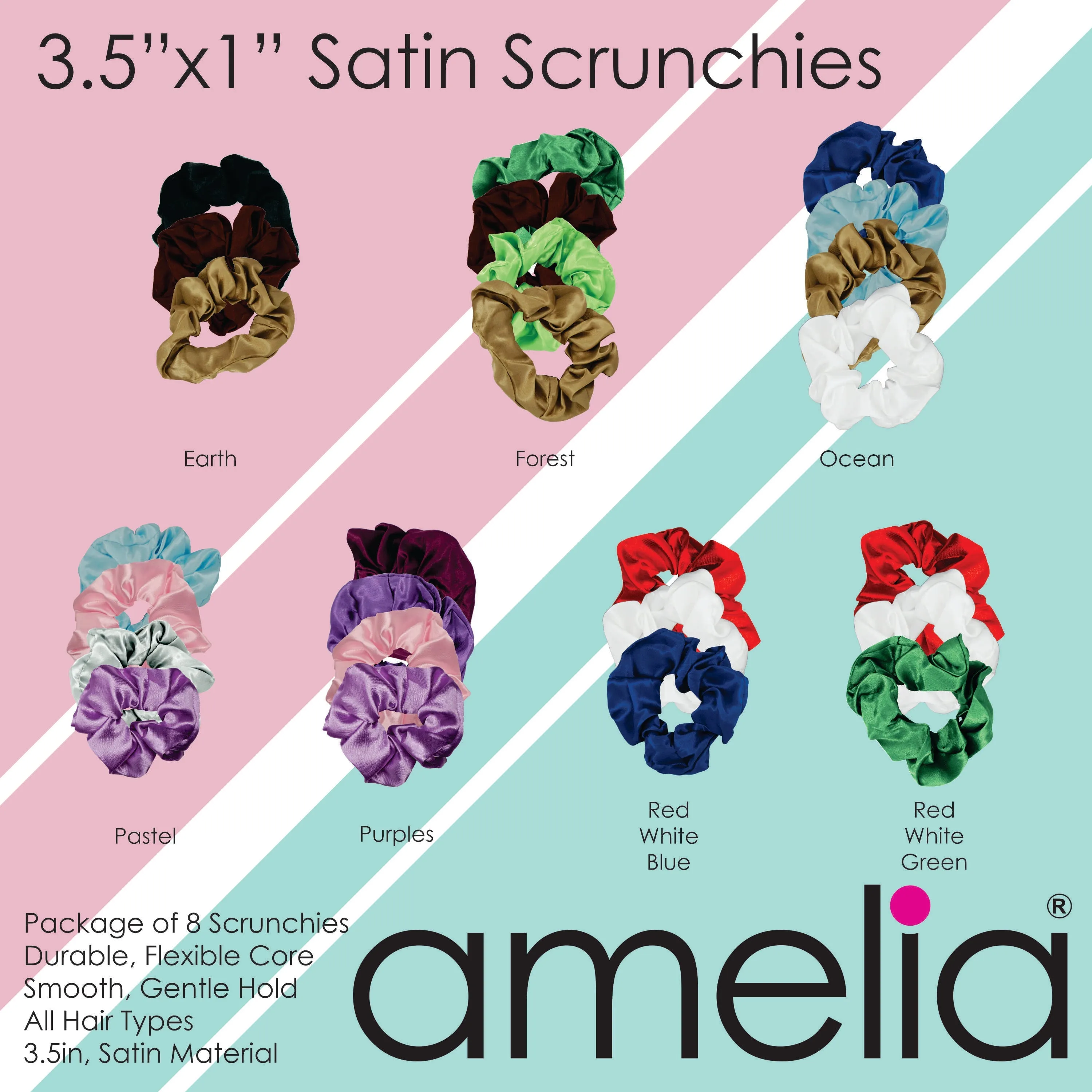 Amelia Beauty Products, Forest Blend Satin Scrunchies, 3.5in Diameter, Gentle on Hair, Strong Hold, No Snag, No Dents or Creases. 8 Pack