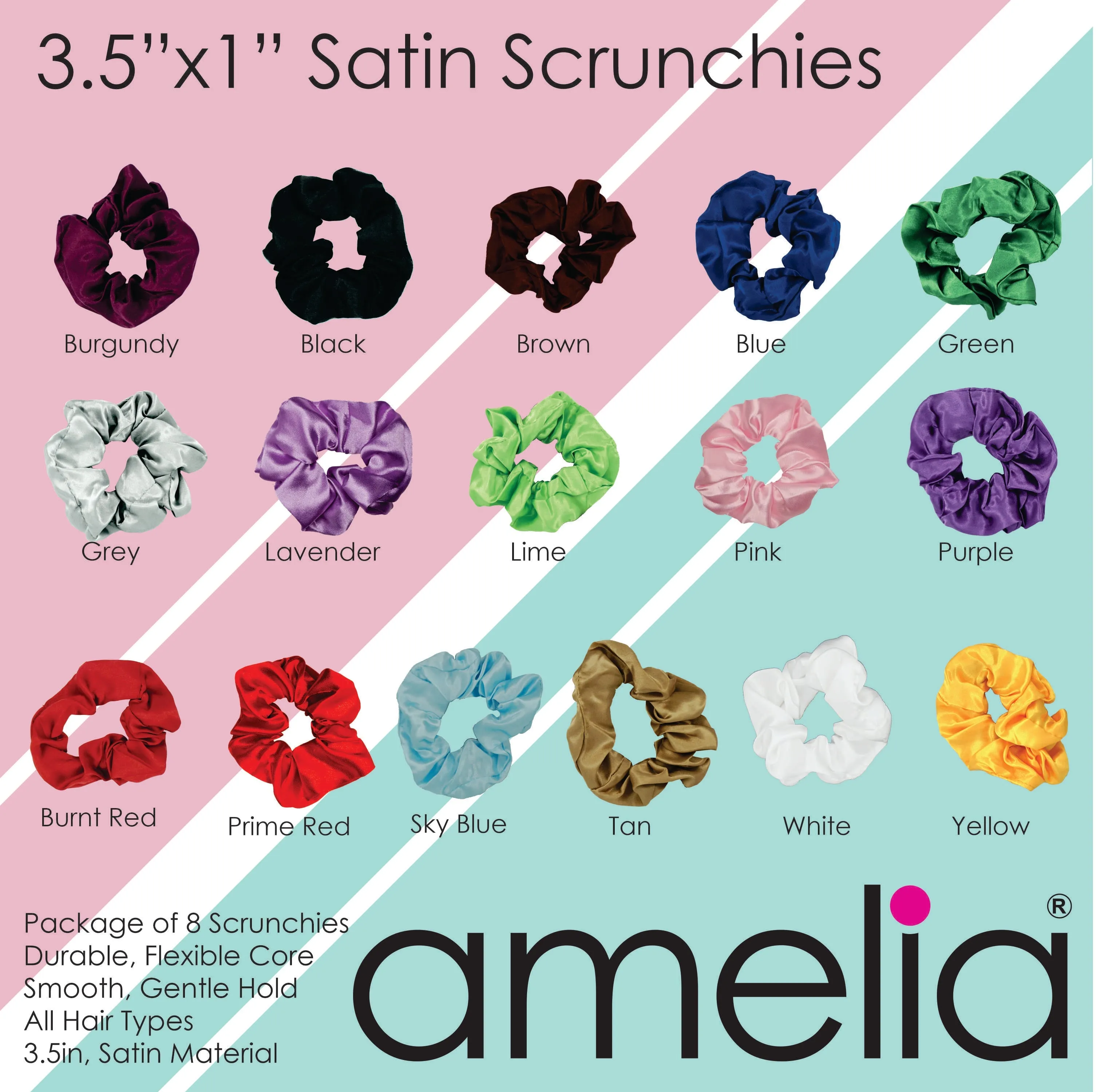 Amelia Beauty Products, Forest Blend Satin Scrunchies, 3.5in Diameter, Gentle on Hair, Strong Hold, No Snag, No Dents or Creases. 8 Pack