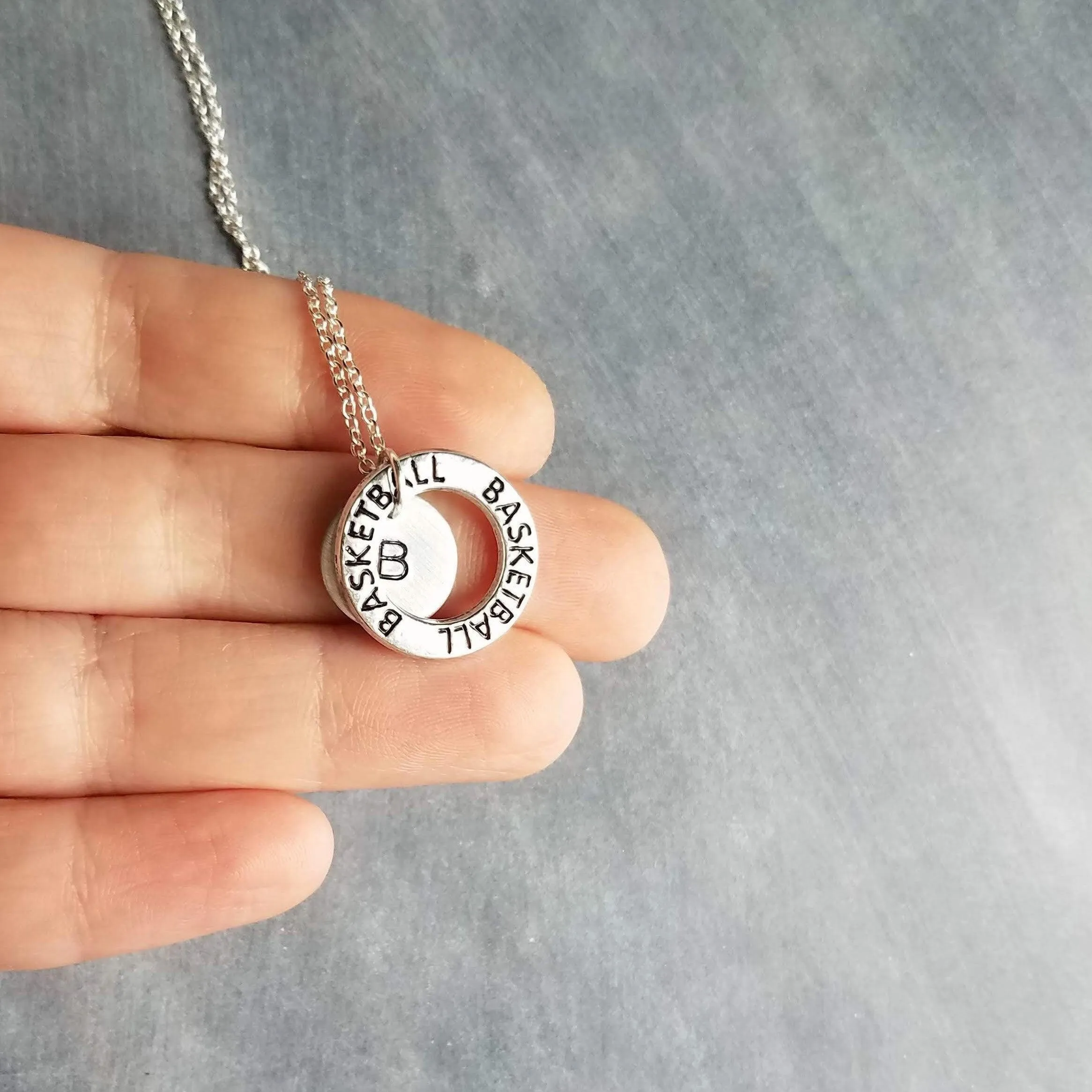 Basketball Necklace, silver basketball pendant, initial disk, team mom necklace, number pendant, game coach player fan gift, personalized
