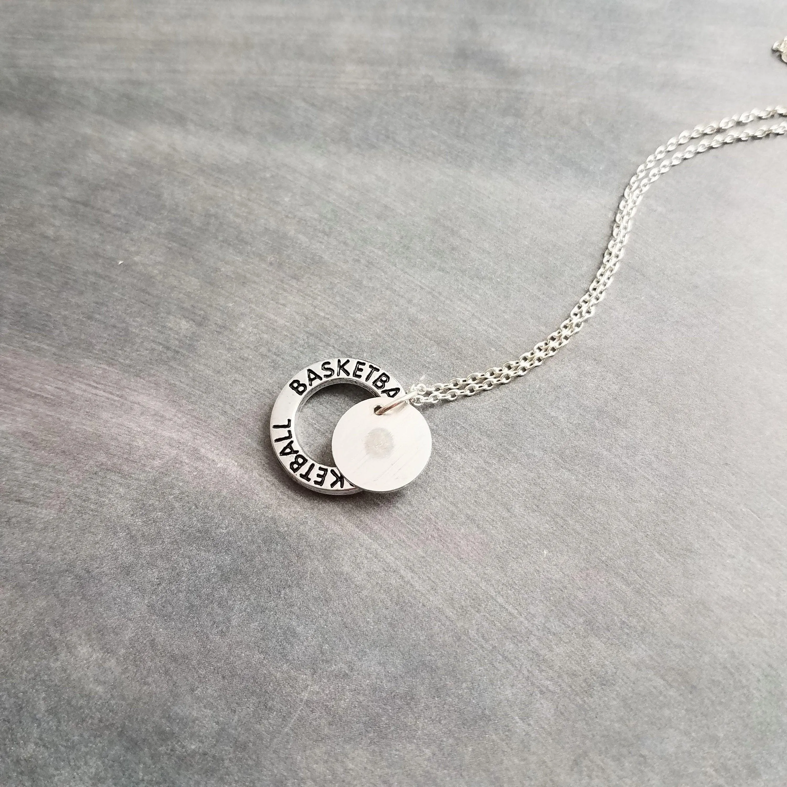 Basketball Necklace, silver basketball pendant, initial disk, team mom necklace, number pendant, game coach player fan gift, personalized