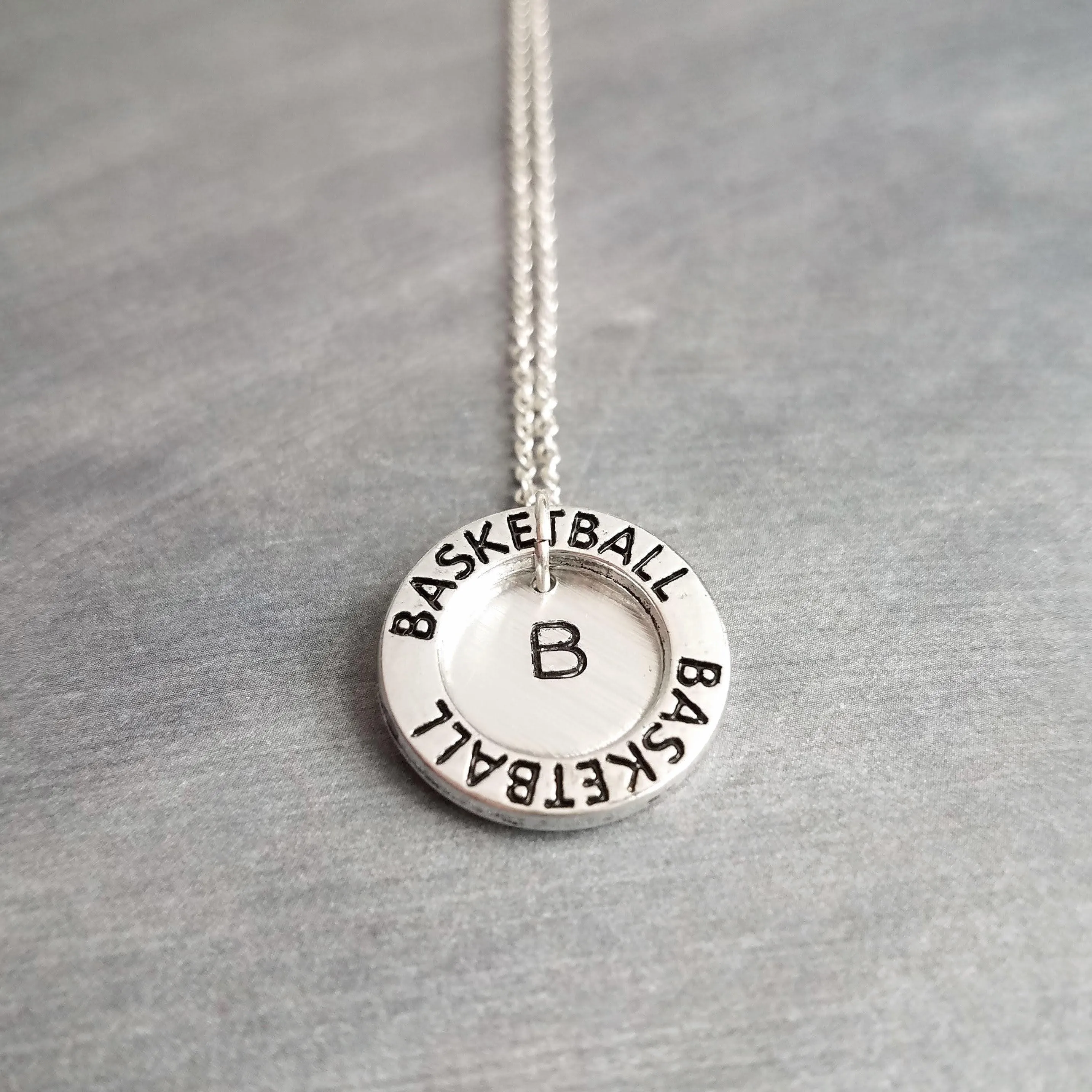 Basketball Necklace, silver basketball pendant, initial disk, team mom necklace, number pendant, game coach player fan gift, personalized