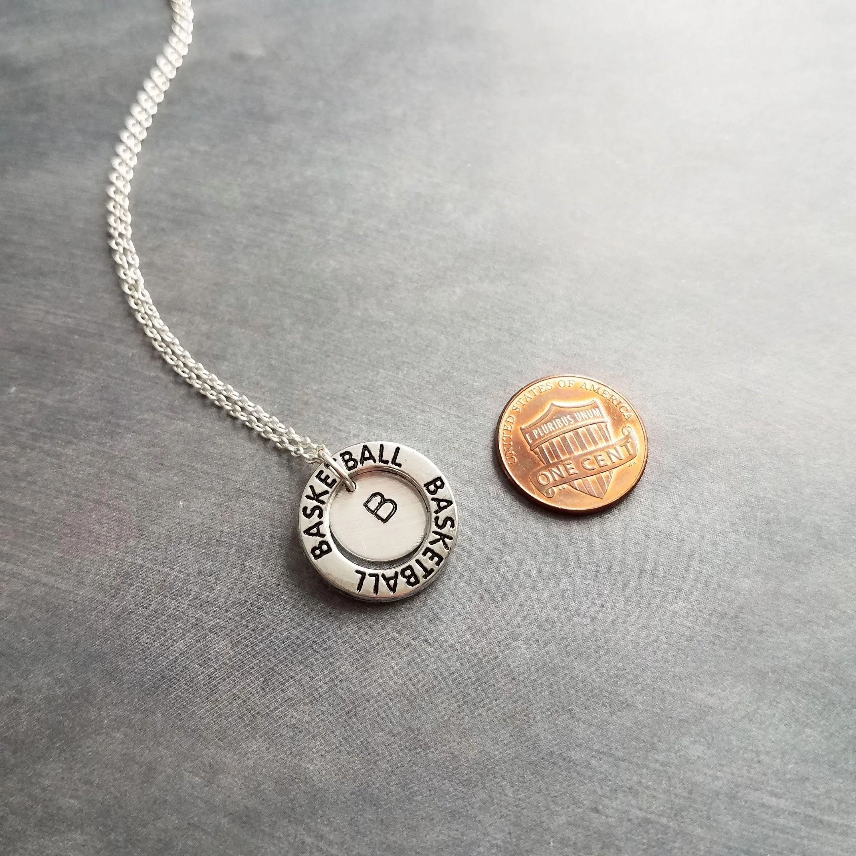 Basketball Necklace, silver basketball pendant, initial disk, team mom necklace, number pendant, game coach player fan gift, personalized