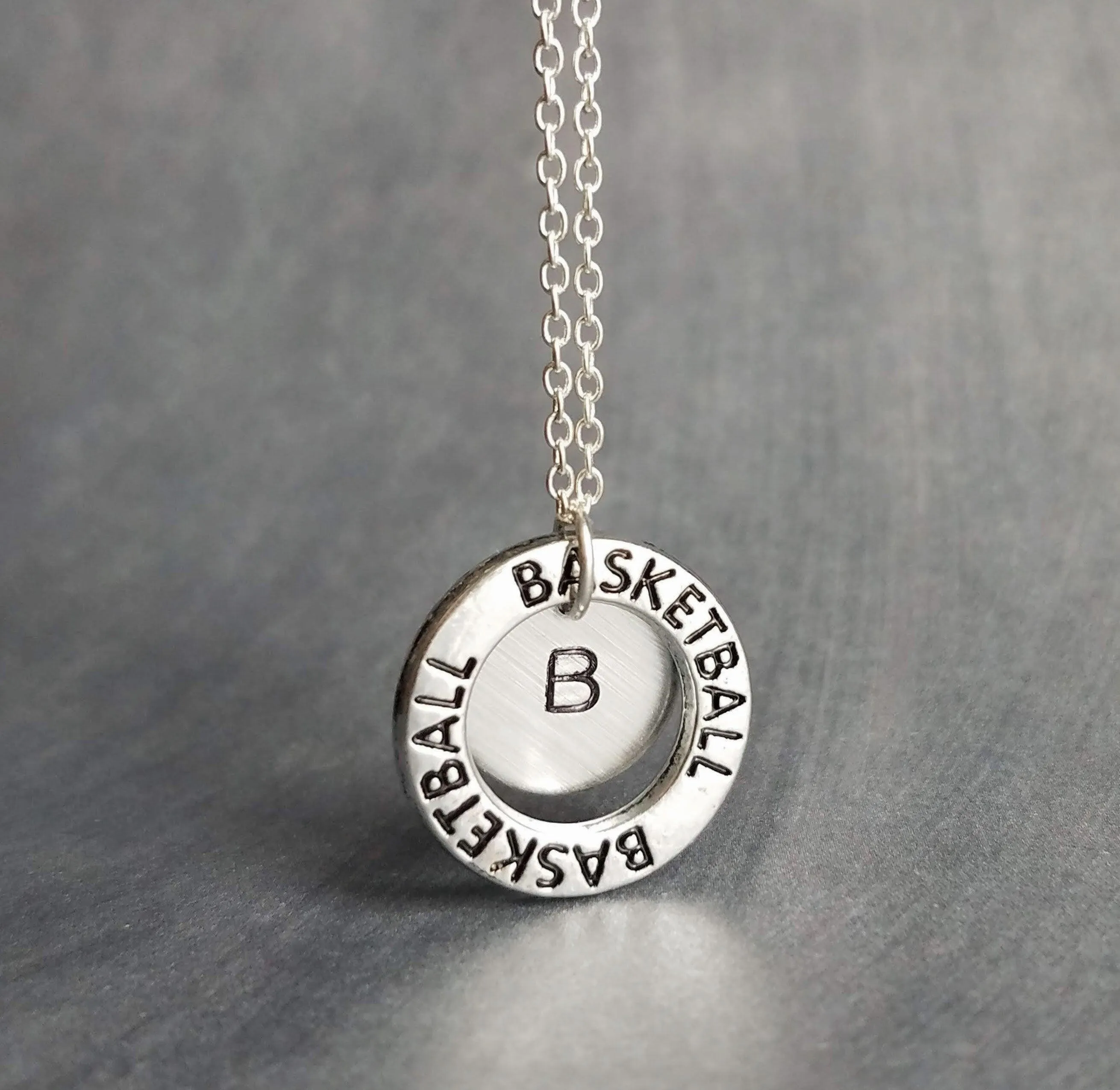 Basketball Necklace, silver basketball pendant, initial disk, team mom necklace, number pendant, game coach player fan gift, personalized