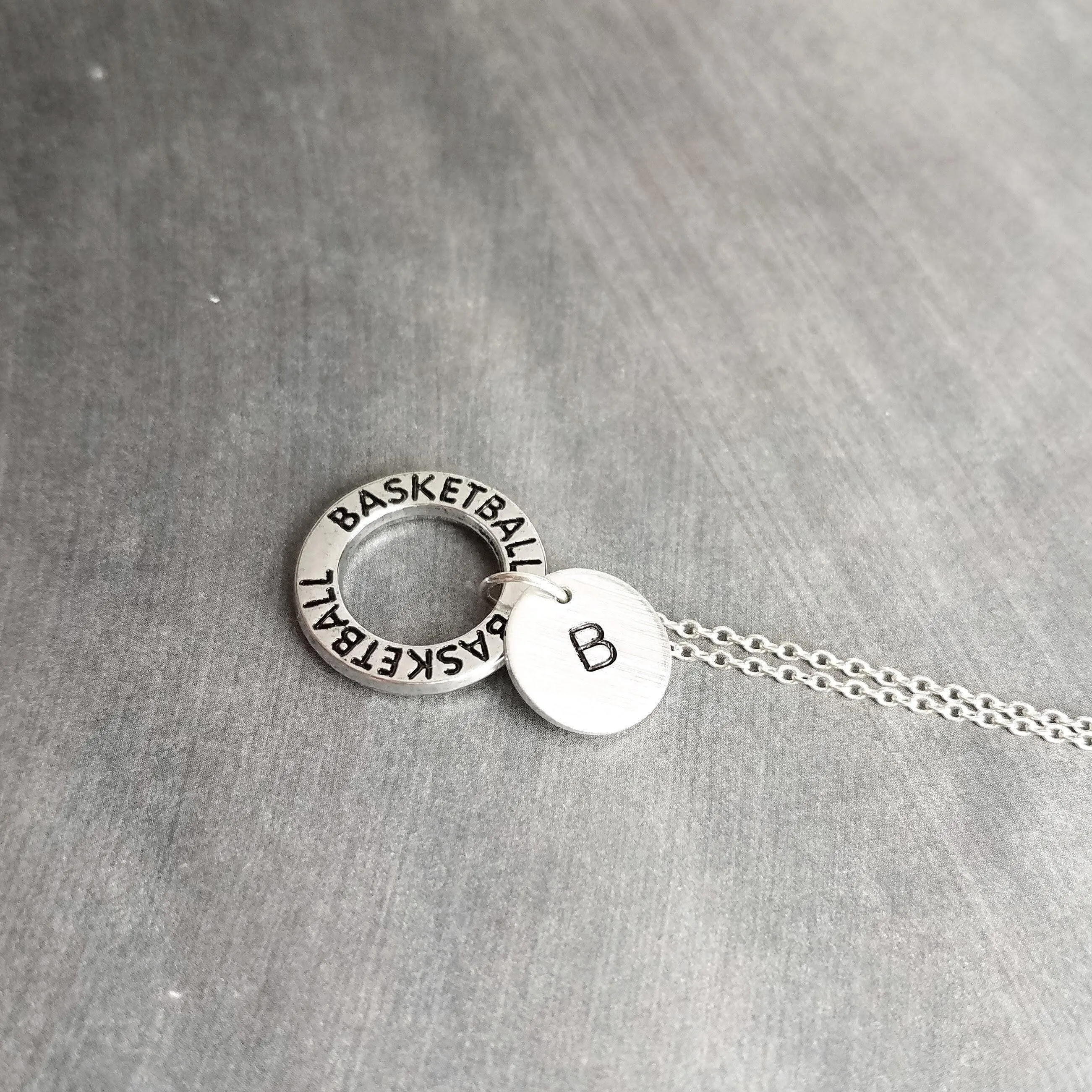 Basketball Necklace, silver basketball pendant, initial disk, team mom necklace, number pendant, game coach player fan gift, personalized