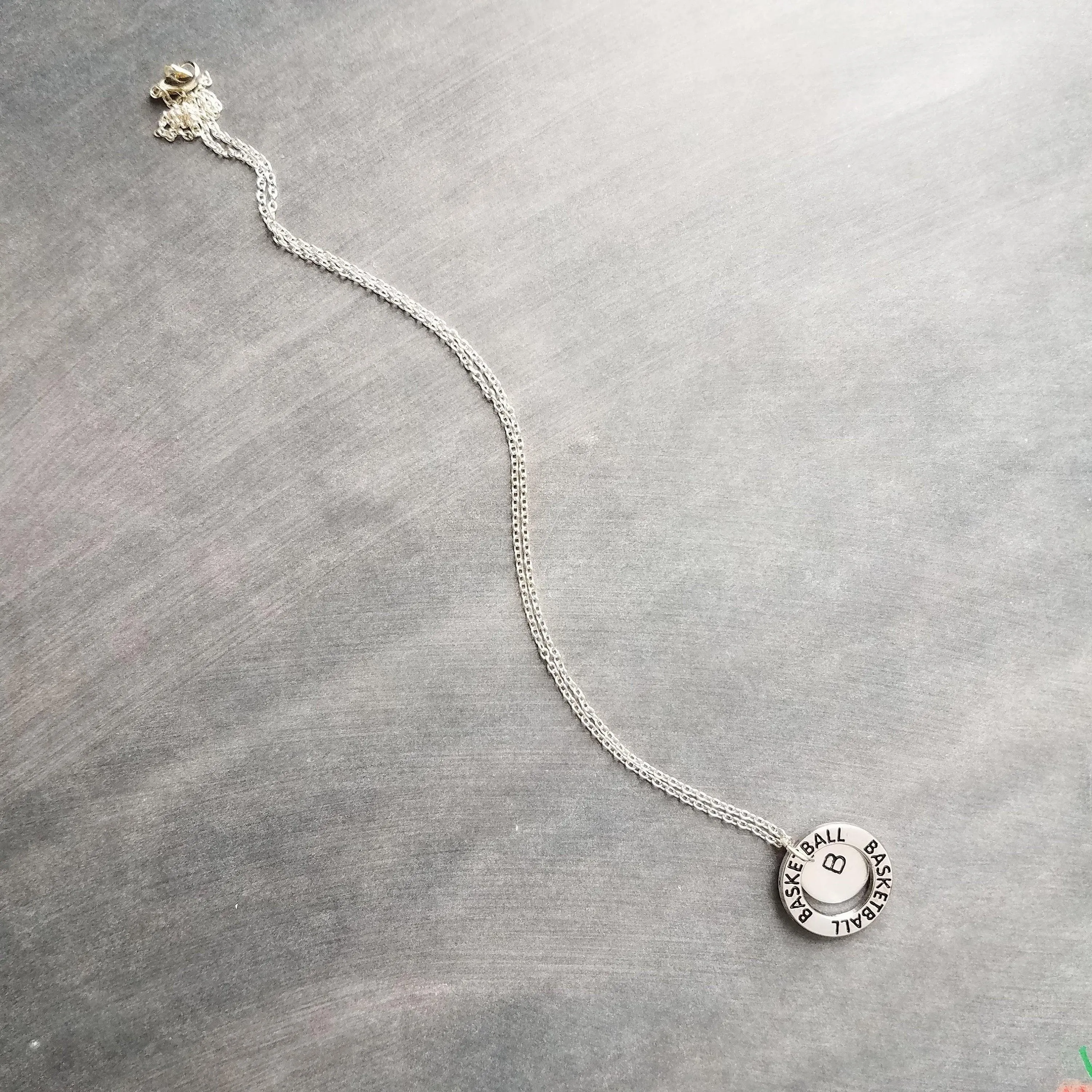 Basketball Necklace, silver basketball pendant, initial disk, team mom necklace, number pendant, game coach player fan gift, personalized