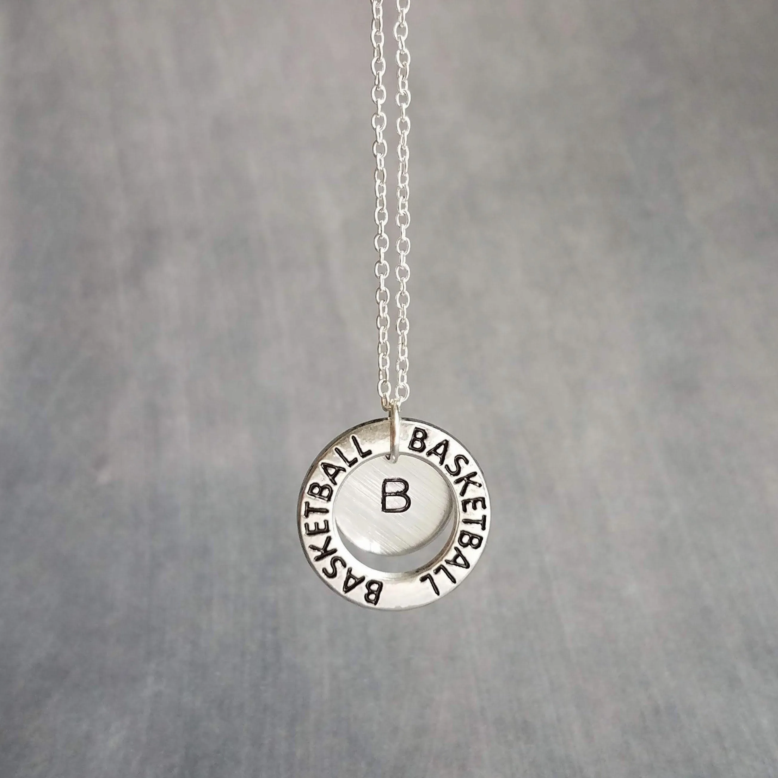 Basketball Necklace, silver basketball pendant, initial disk, team mom necklace, number pendant, game coach player fan gift, personalized