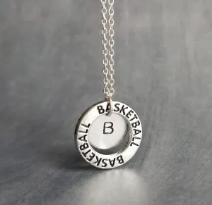 Basketball Necklace, silver basketball pendant, initial disk, team mom necklace, number pendant, game coach player fan gift, personalized