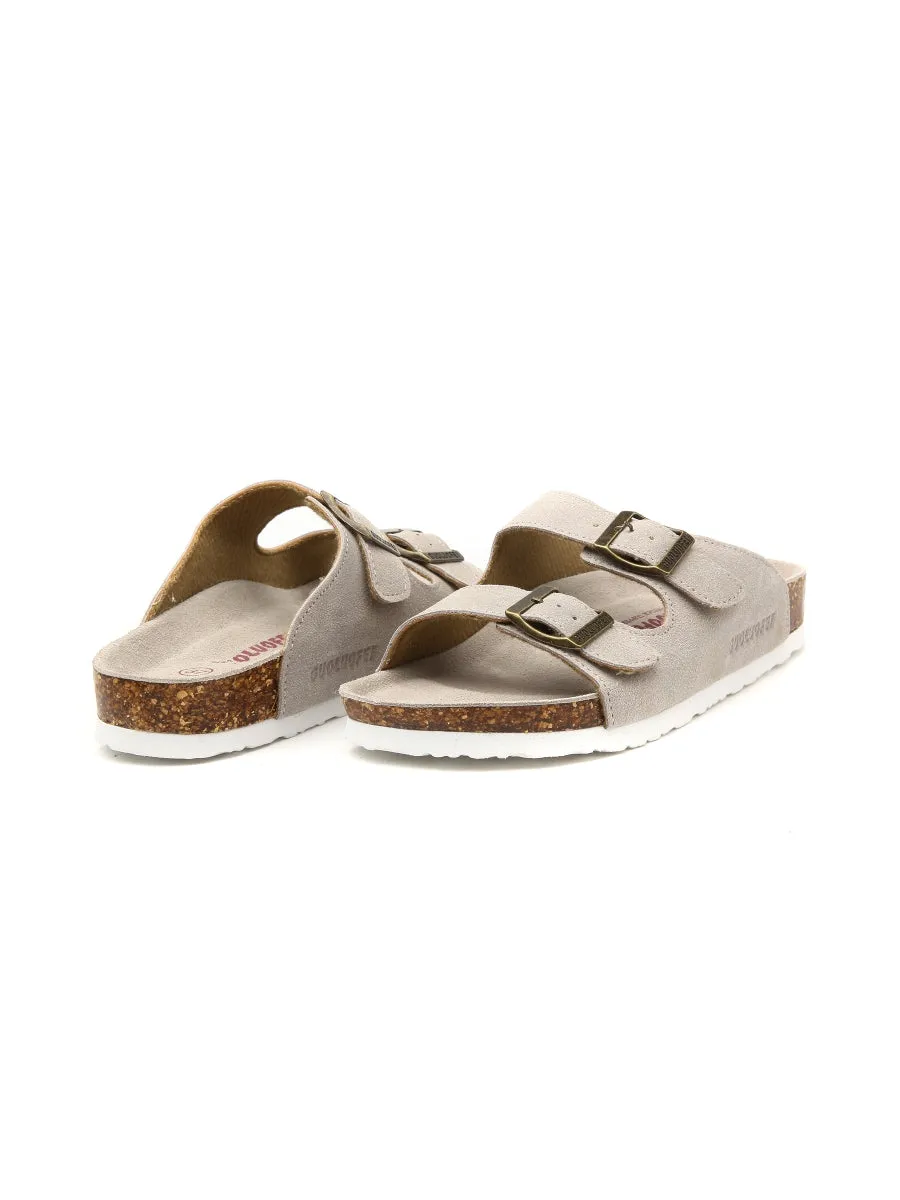 Beige Double-Buckle Wide-Strap Suede Genuine Leather Sandals