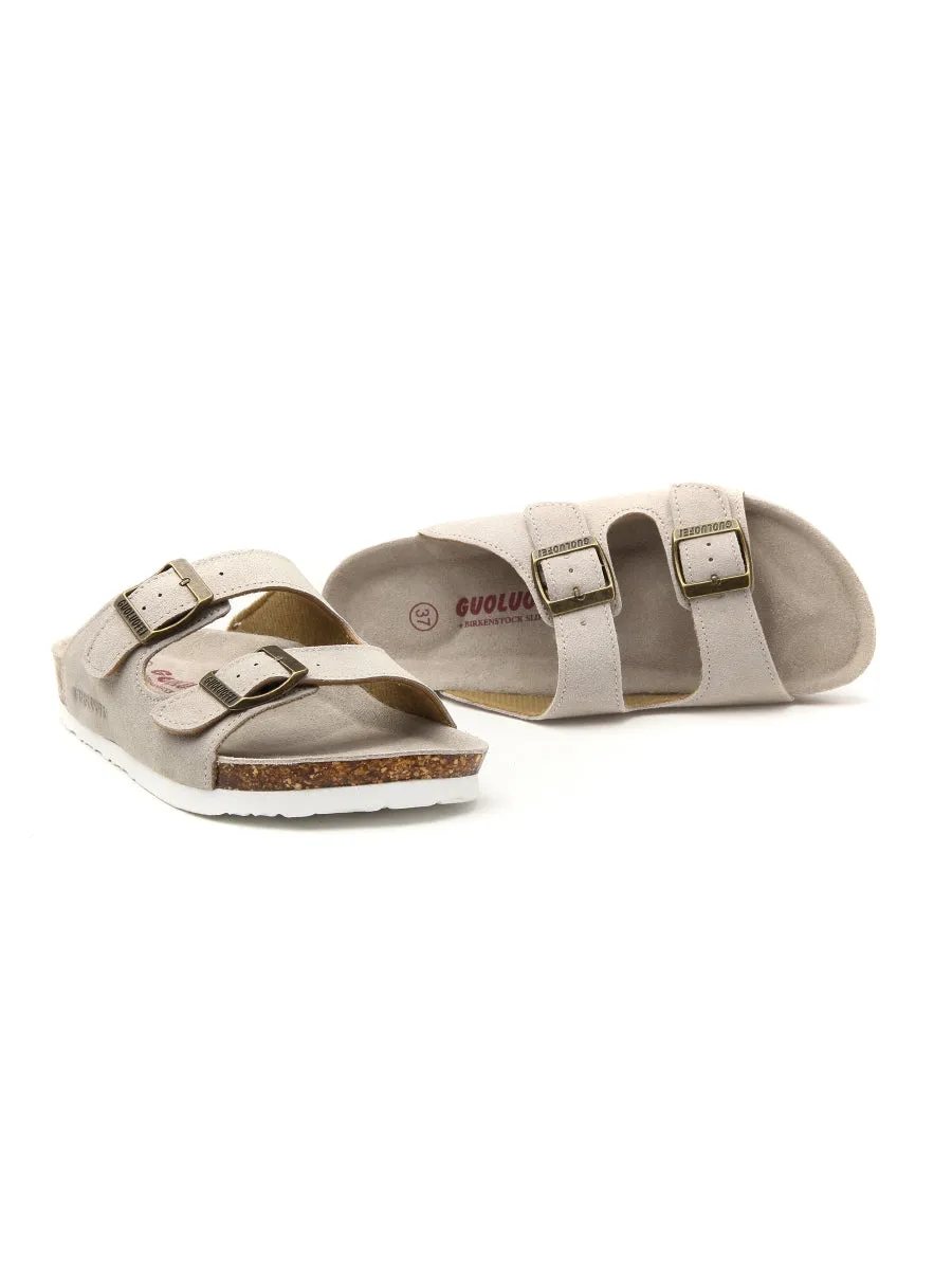 Beige Double-Buckle Wide-Strap Suede Genuine Leather Sandals