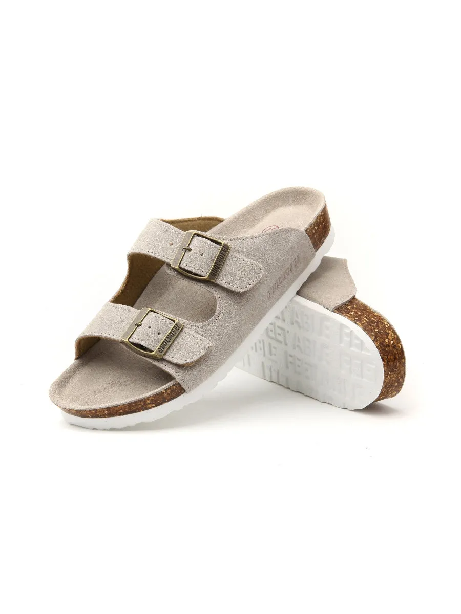 Beige Double-Buckle Wide-Strap Suede Genuine Leather Sandals