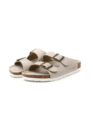 Beige Double-Buckle Wide-Strap Suede Genuine Leather Sandals