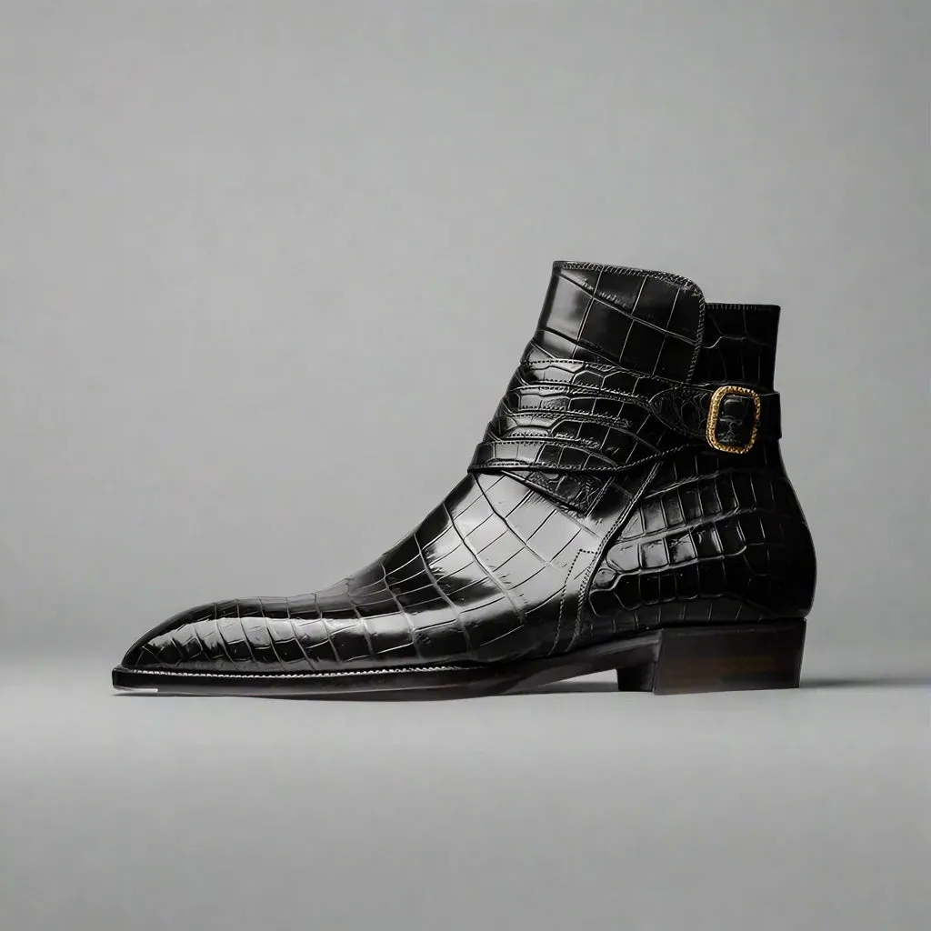 Black Croc Print Leather Amarante Slip On Jodhpur Boots - Boots