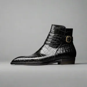 Black Croc Print Leather Amarante Slip On Jodhpur Boots - Boots