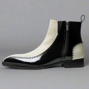 Black Leather And White Croc Draven Zipper Boots - Boots