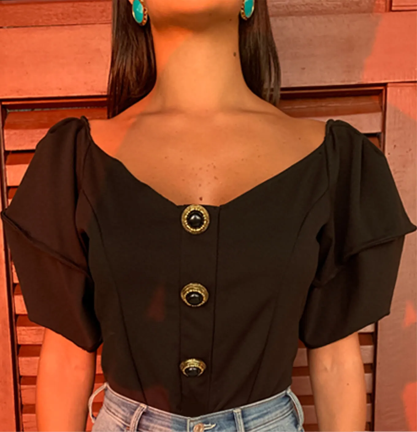 Black Off the Shoulder Front Button Bodysuit