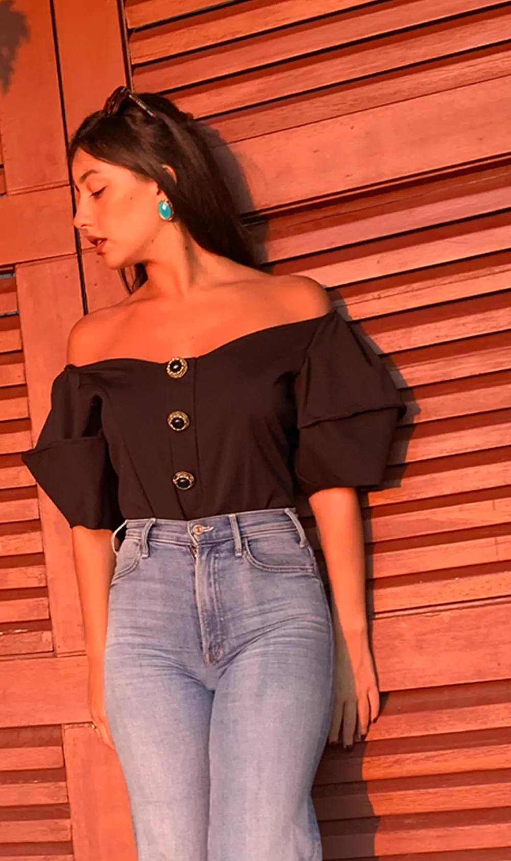Black Off the Shoulder Front Button Bodysuit