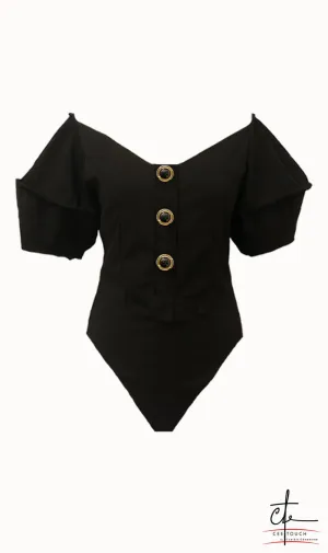 Black Off the Shoulder Front Button Bodysuit