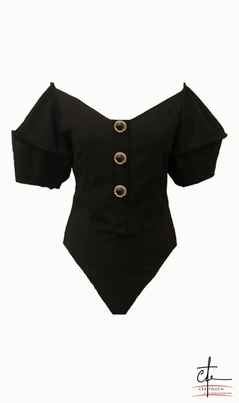 Black Off the Shoulder Front Button Bodysuit