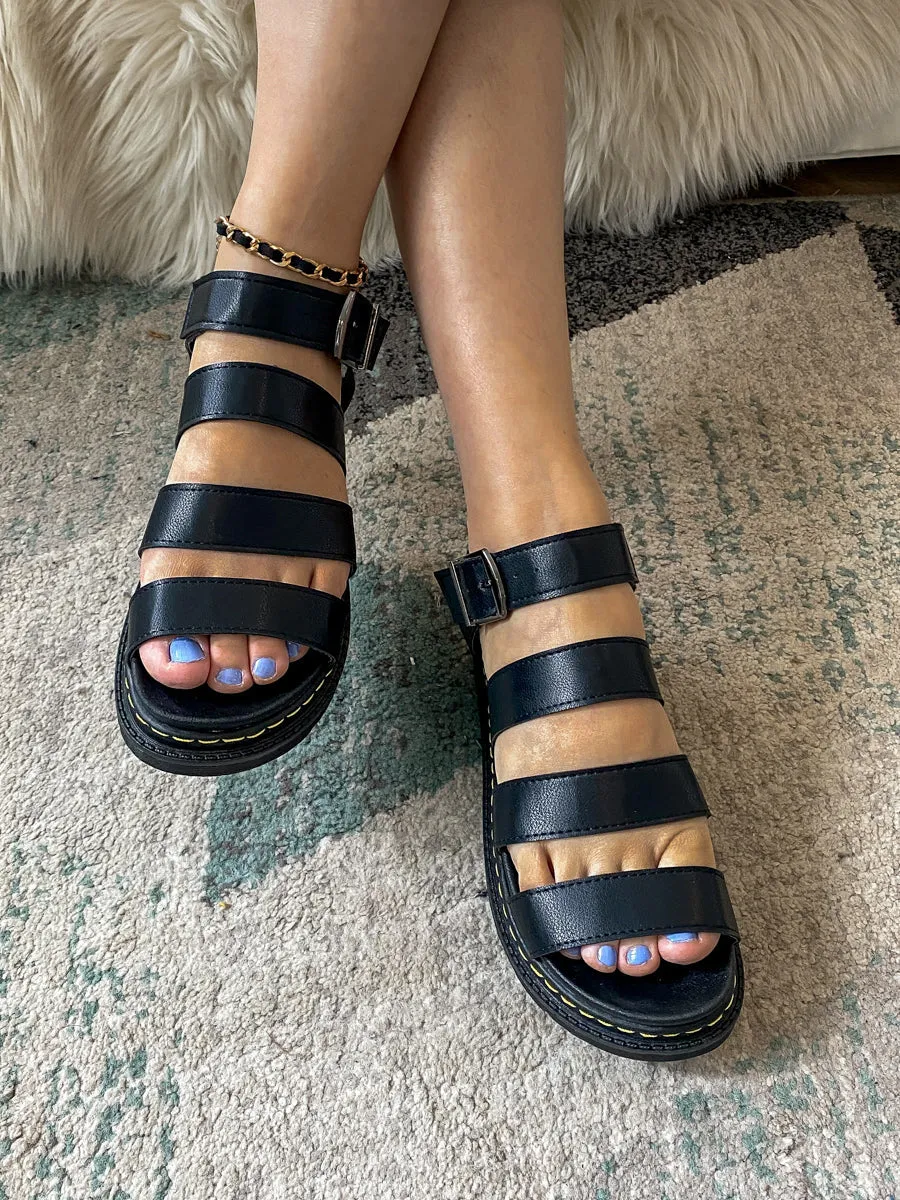 Black Trip-Strap Buckled Strap Flat Sandals - Women