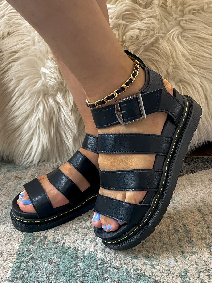 Black Trip-Strap Buckled Strap Flat Sandals - Women