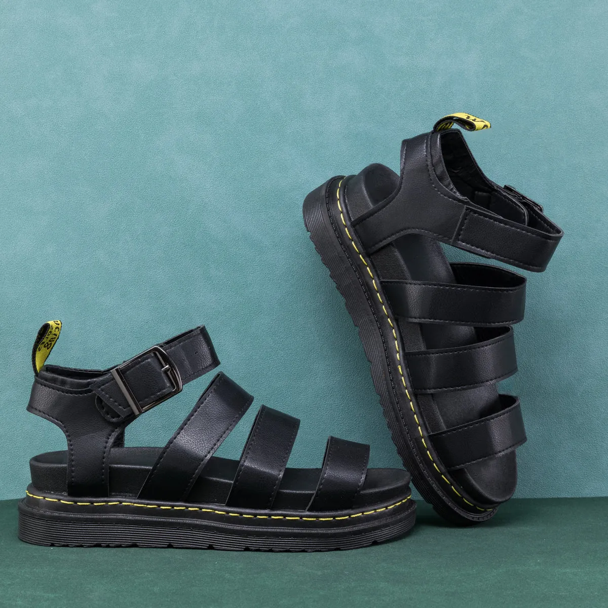 Black Trip-Strap Buckled Strap Flat Sandals - Women