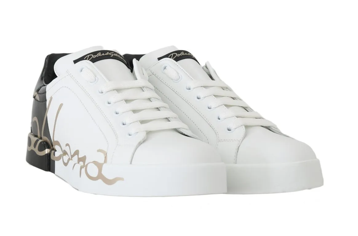 Black White Gold Logo Leather Women Sneakers