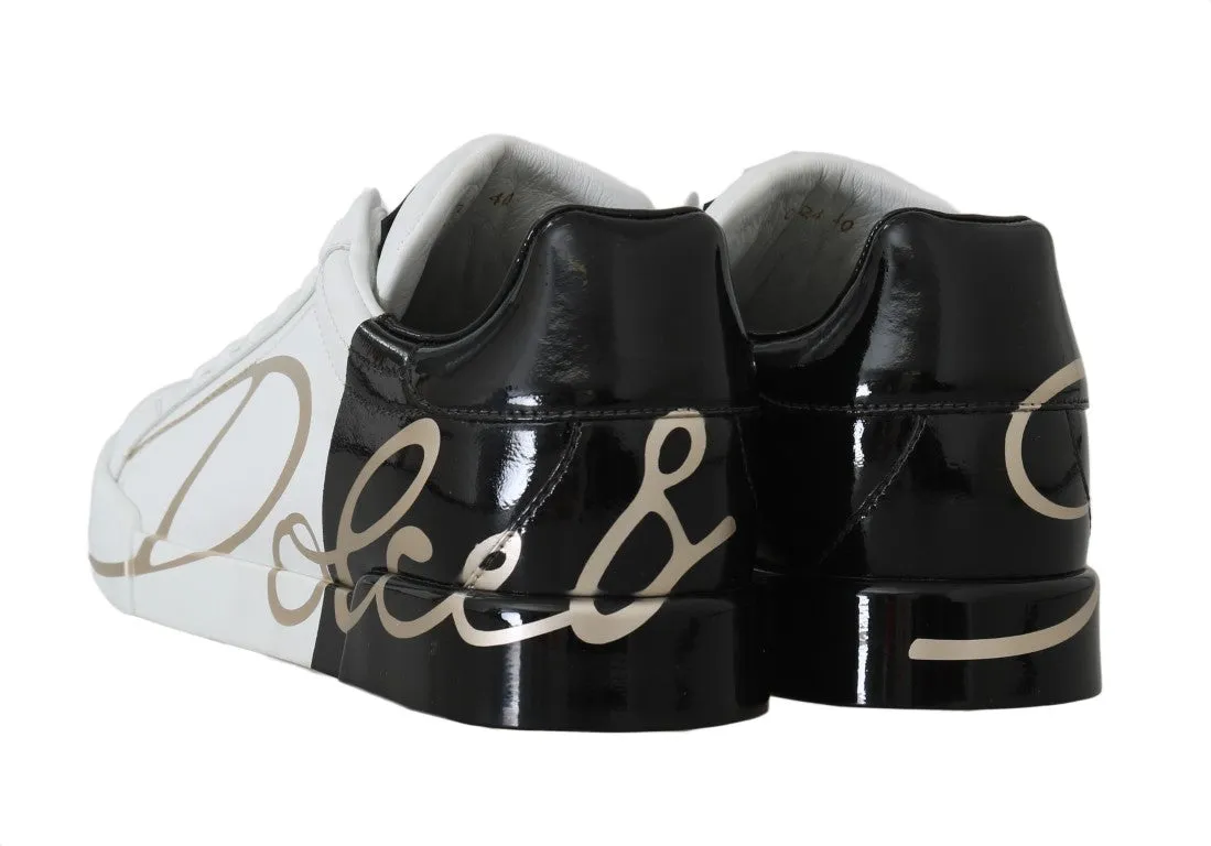 Black White Gold Logo Leather Women Sneakers