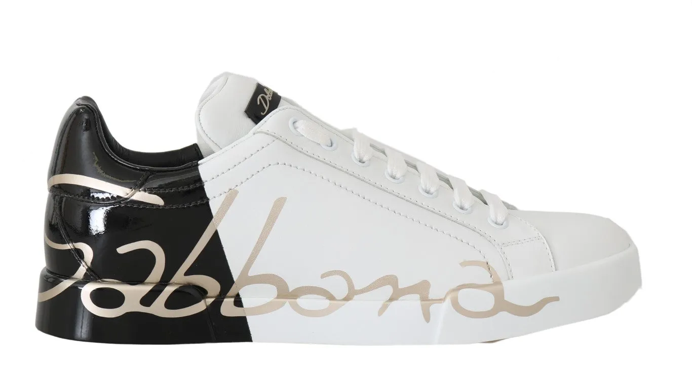 Black White Gold Logo Leather Women Sneakers