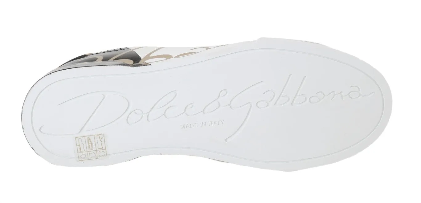 Black White Gold Logo Leather Women Sneakers