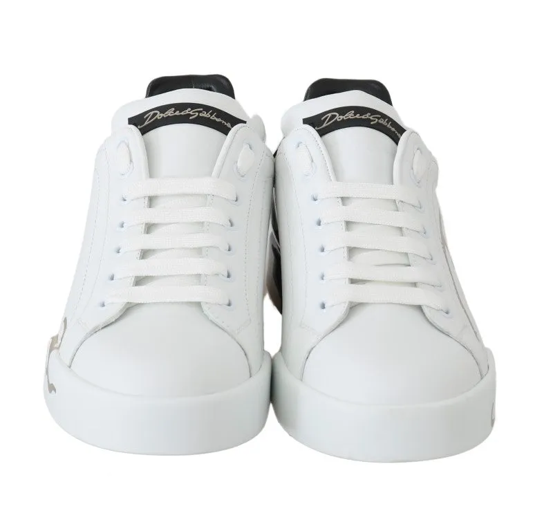 Black White Gold Logo Leather Women Sneakers