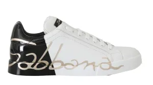 Black White Gold Logo Leather Women Sneakers