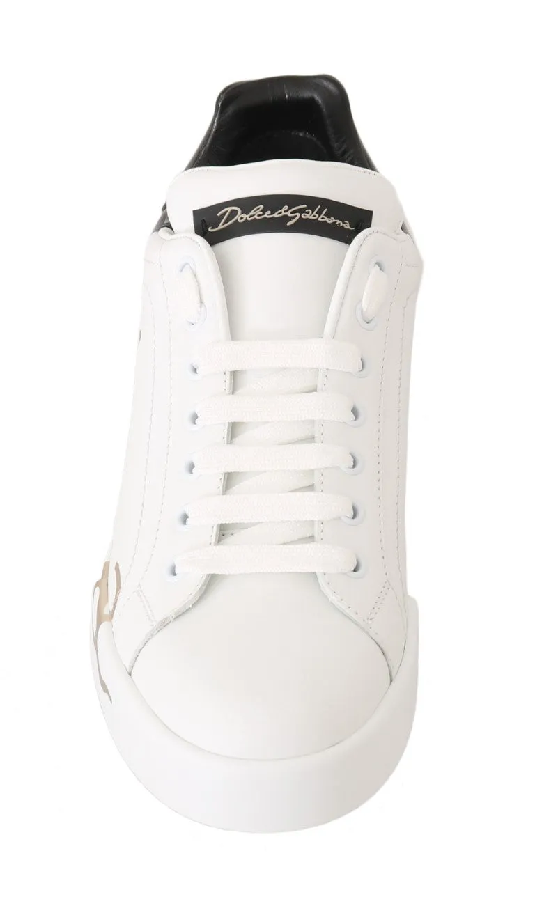 Black White Gold Logo Leather Women Sneakers