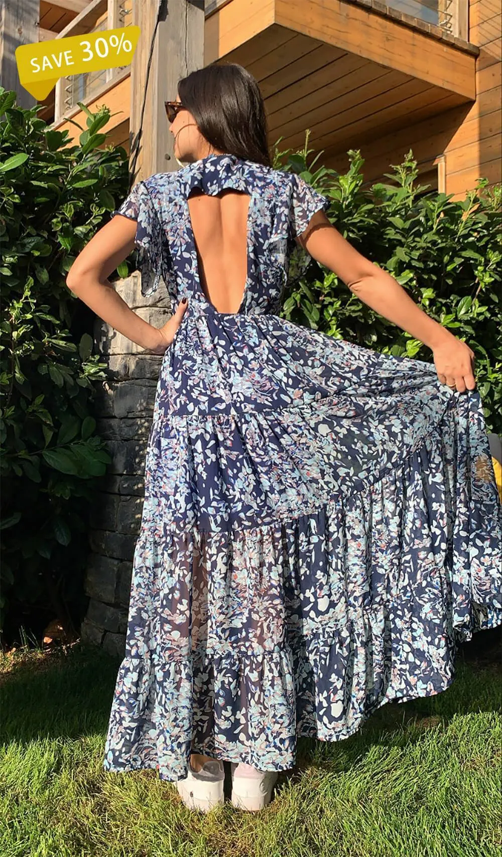 Blue Floral Print Tiered Maxi Dress