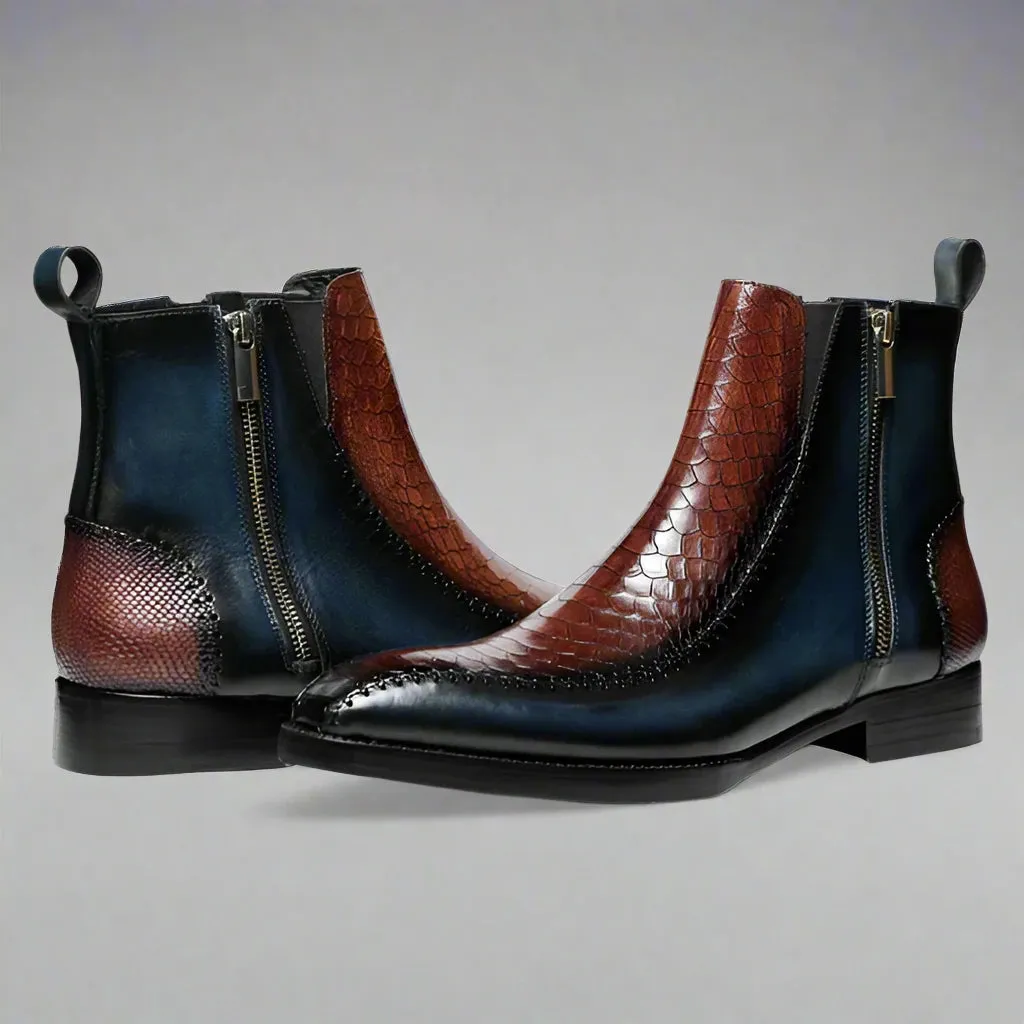 Blue Leather And Brown Croc Draven Zipper Boots - Boots