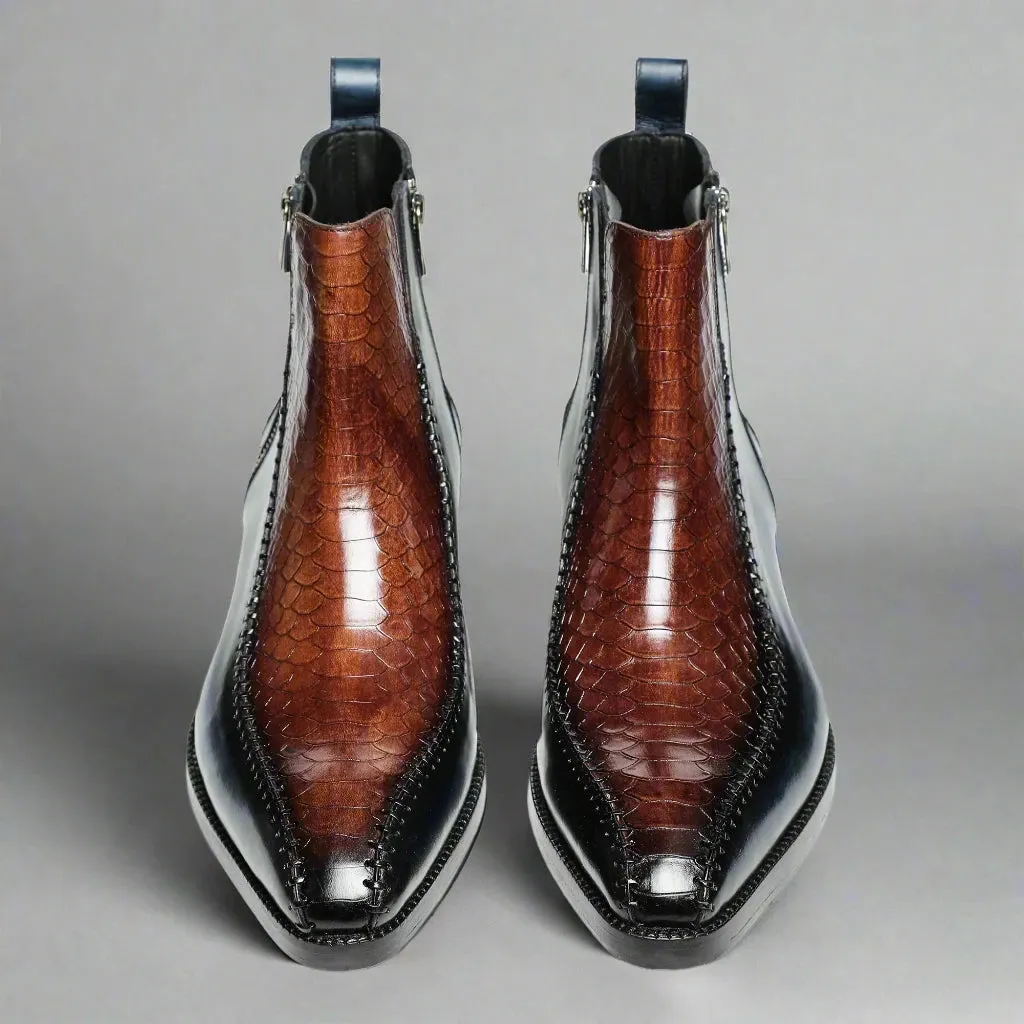 Blue Leather And Brown Croc Draven Zipper Boots - Boots
