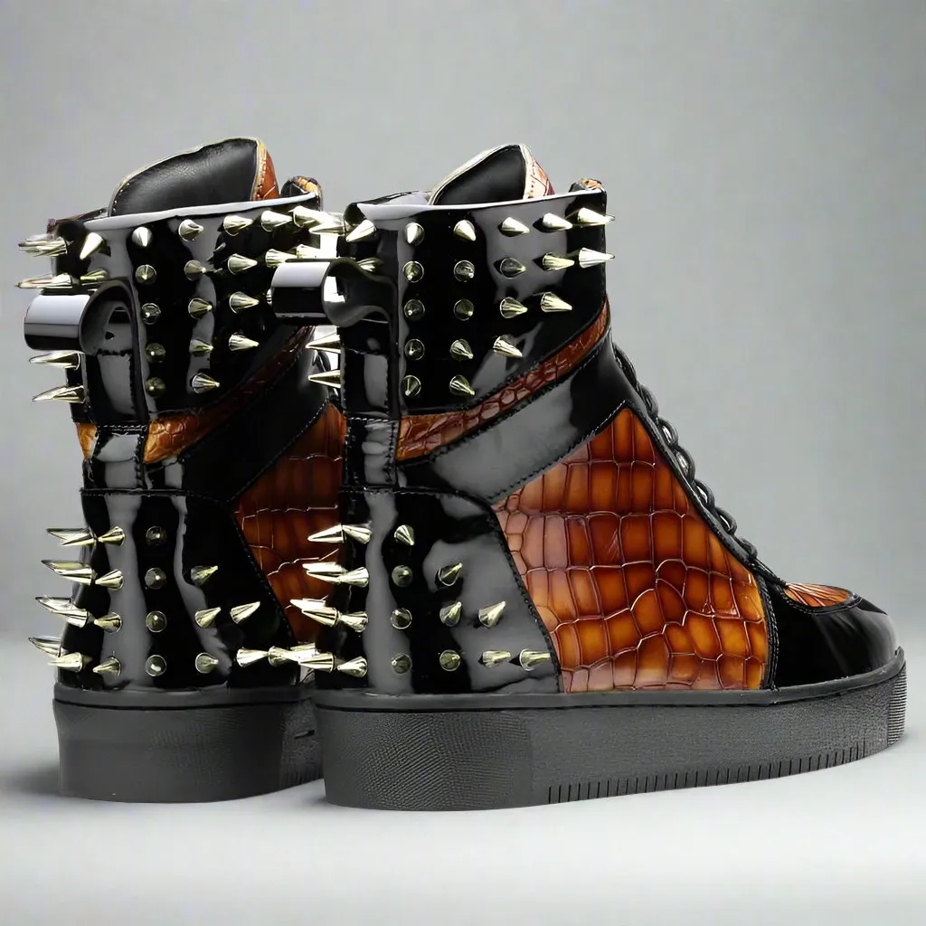 Brown Alligator Leather and Black Patent High Top Lace Up Running Sneakers With Black Sole - Sneaker Shoes