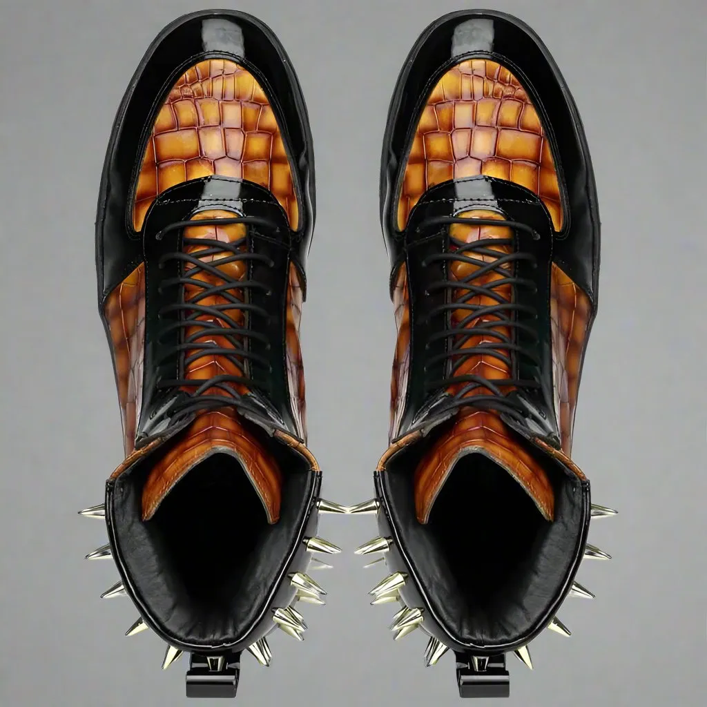 Brown Alligator Leather and Black Patent High Top Lace Up Running Sneakers With Black Sole - Sneaker Shoes