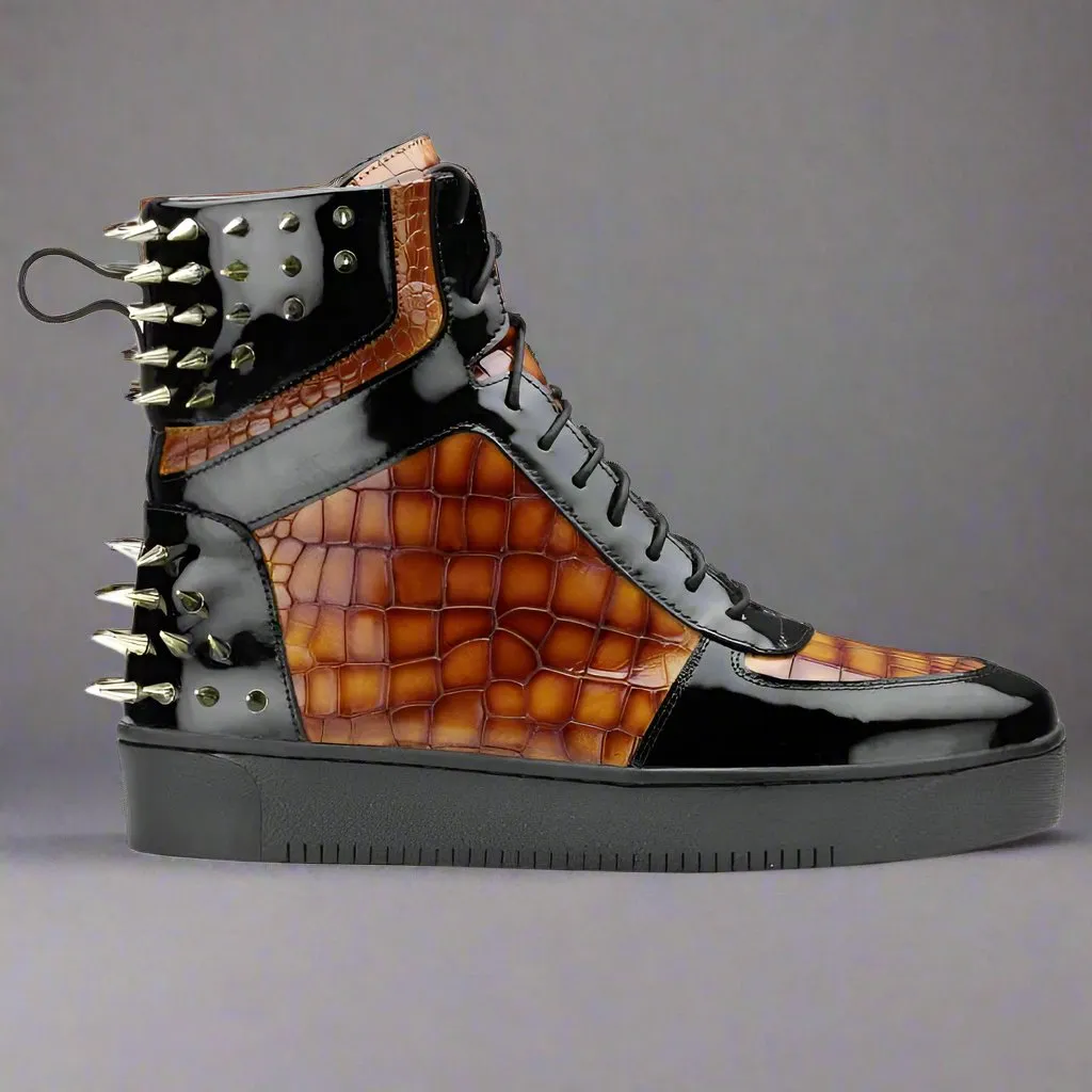 Brown Alligator Leather and Black Patent High Top Lace Up Running Sneakers With Black Sole - Sneaker Shoes