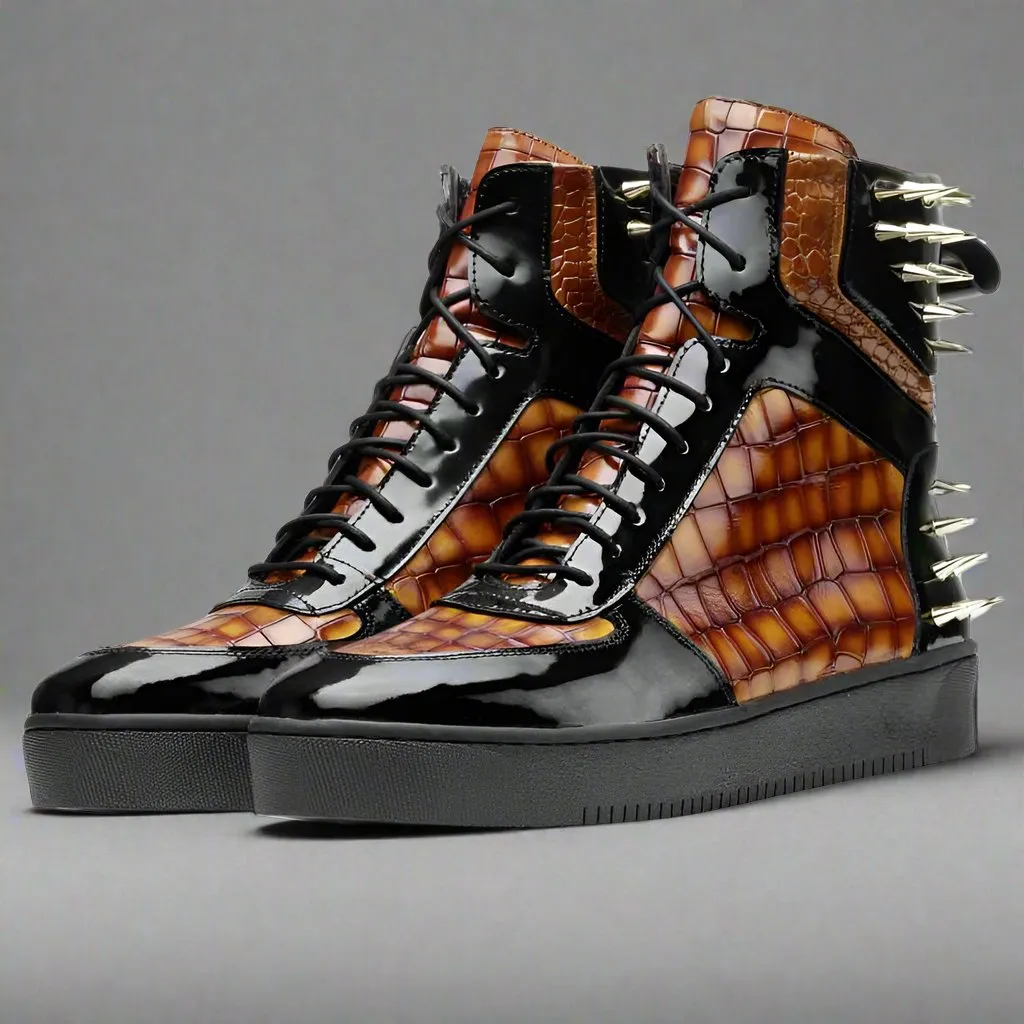 Brown Alligator Leather and Black Patent High Top Lace Up Running Sneakers With Black Sole - Sneaker Shoes