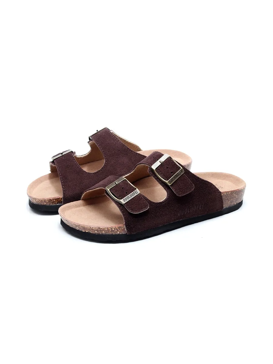 Brown Double-Buckle Wide-Strap Suede Leather Sandals