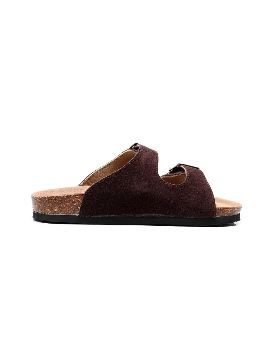 Brown Double-Buckle Wide-Strap Suede Leather Sandals