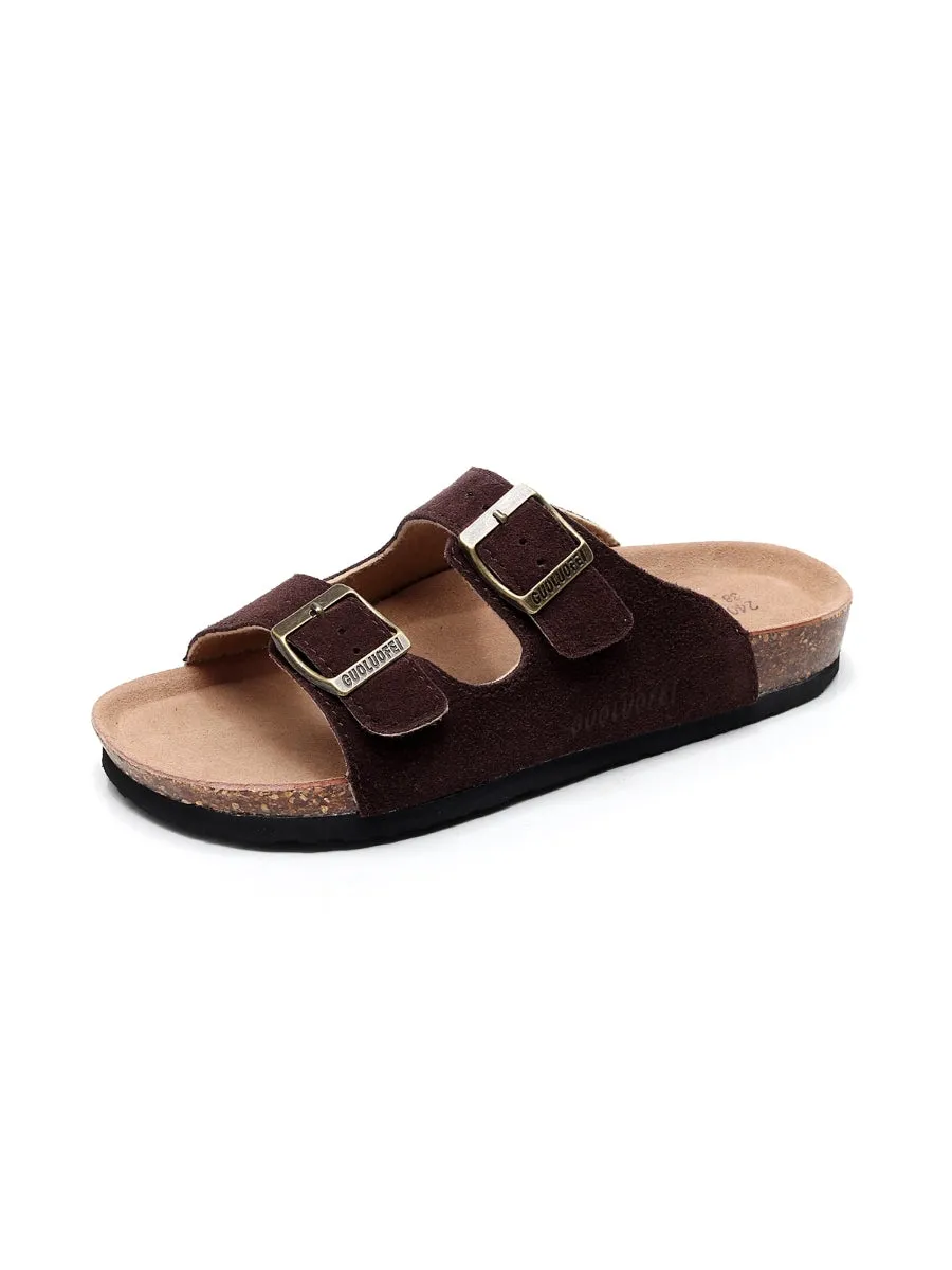 Brown Double-Buckle Wide-Strap Suede Leather Sandals