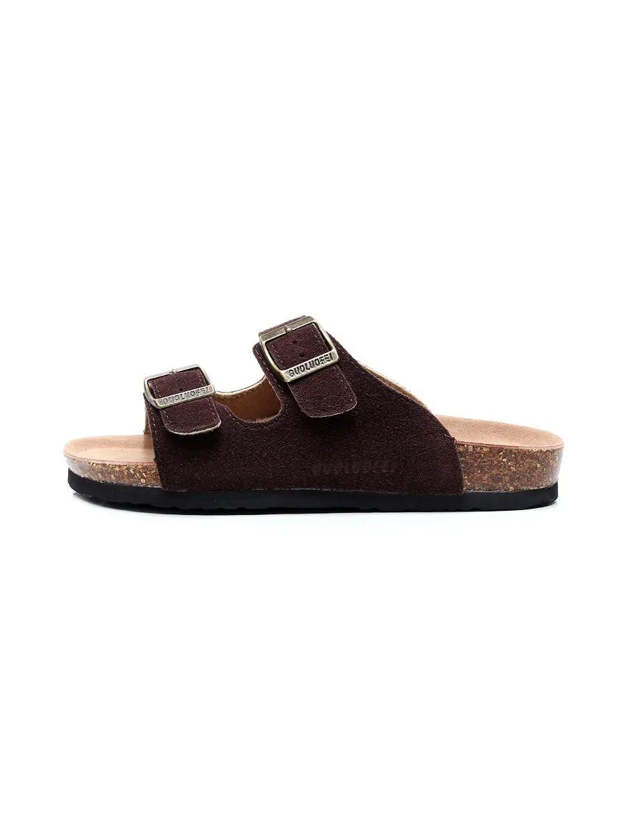 Brown Double-Buckle Wide-Strap Suede Leather Sandals