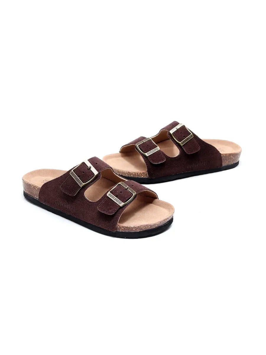 Brown Double-Buckle Wide-Strap Suede Leather Sandals