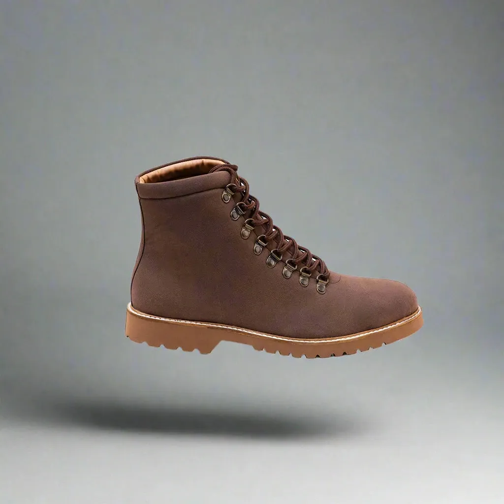 Brown Suede Leather Anima Ankle Rugged Lace Up Combat Hiking Boots with Chunky Track Sole - Boots