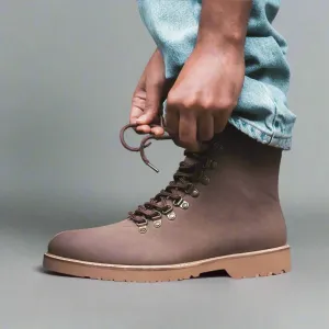 Brown Suede Leather Anima Ankle Rugged Lace Up Combat Hiking Boots with Chunky Track Sole - Boots