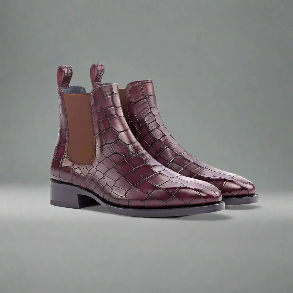 Burgundy Croc Print Leather Amarante Slip On Boots - Boots