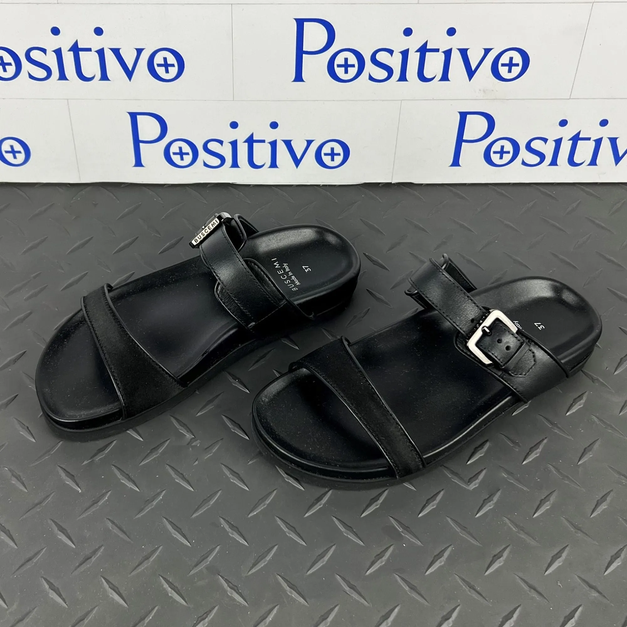 Buscemi Women's Slide Band Satin Black Leather Sandals SAMPLE